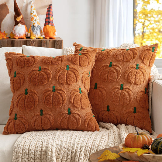 MIULEE Fall Pumpkin Throw Pillow Covers Decor Set of 2 Dark Rust Green Stem 20 x 20 Decorative Cushion Covers Soft Faux Fur Couch Pillows for Autumn Harvest Outdoor Porch Farmhouse Halloween Home