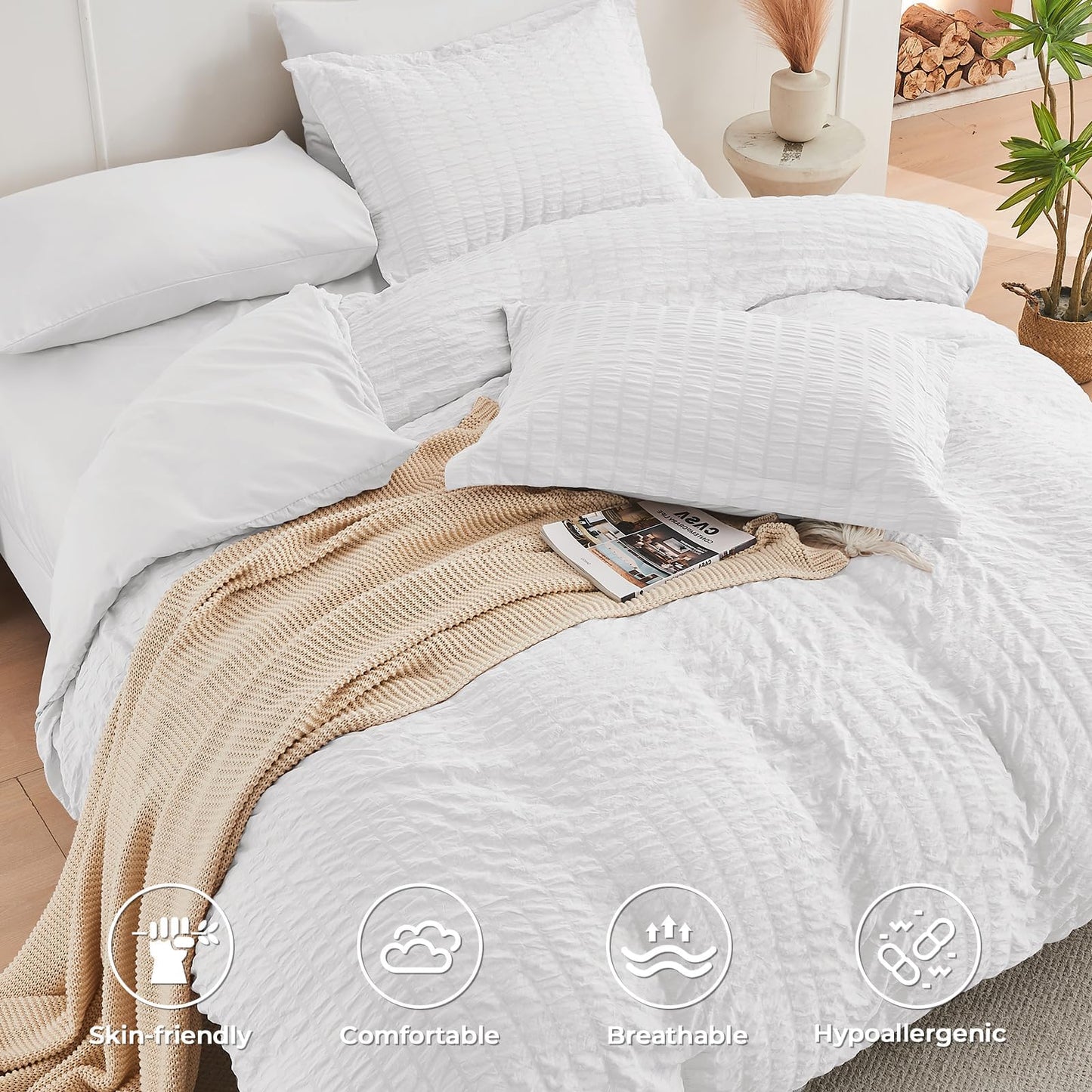 HYMOKEGE White Queen Comforter Set Seersucker 7 Pieces, All Season Luxury Bed in a Bag for Bedroom, Bedding Set with Comforters, Sheets, Pillowcases & Shams