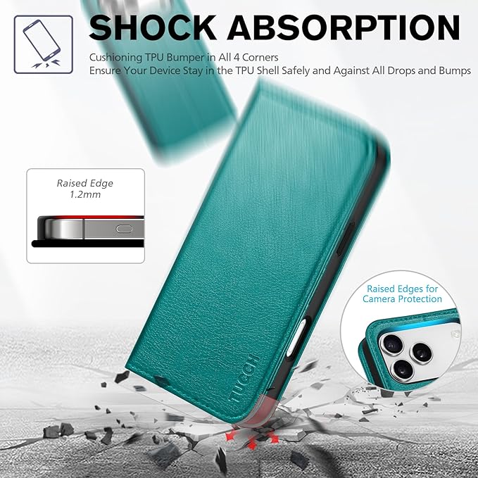 TUCCH Case Wallet for iPhone 17 Pro (6.3-Inch) 2025, 3 Card Slots | Kickstand | RFID Blocking | PU Leather | Protective Flip Folio Cover | TPU Shockproof Interior Shell | Cyan