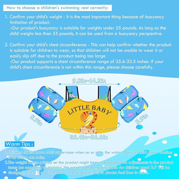 Chriffer Kids Swim Vest Life Jacket for 30-55 Pounds Boys and Girls, Toddler Floaties with Shoulder Harness Arm Wings for 2,3,4,5,6,7 Years Old Baby