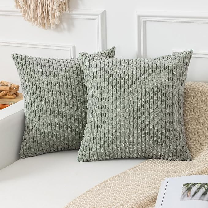 Kevin Textile Throw Pillow Covers Soft Corduroy Decorative Set of 2 Boho Striped Pillow Covers Pillowcases Farmhouse Home Decor for Couch Bed Sofa Living Room 22x22 Inch Greyish Green