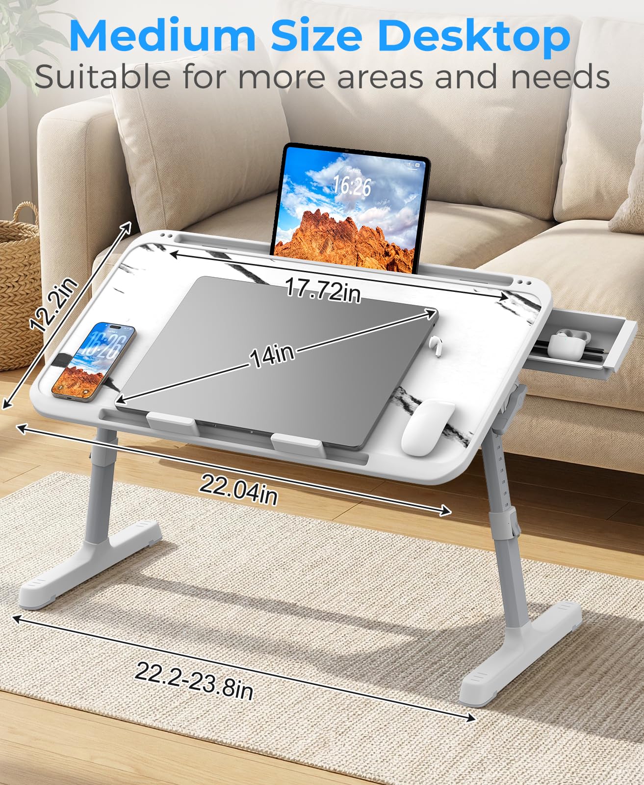 HETTHI Laptop Bed Tray Table, Adjustable Sturdy Laptop Stand for Bed with Premium Materials, Folding Portable Lap Desk with Drawer for Writing Working Reading Eating Couch Floor (Marble, 22.04"×12.2")