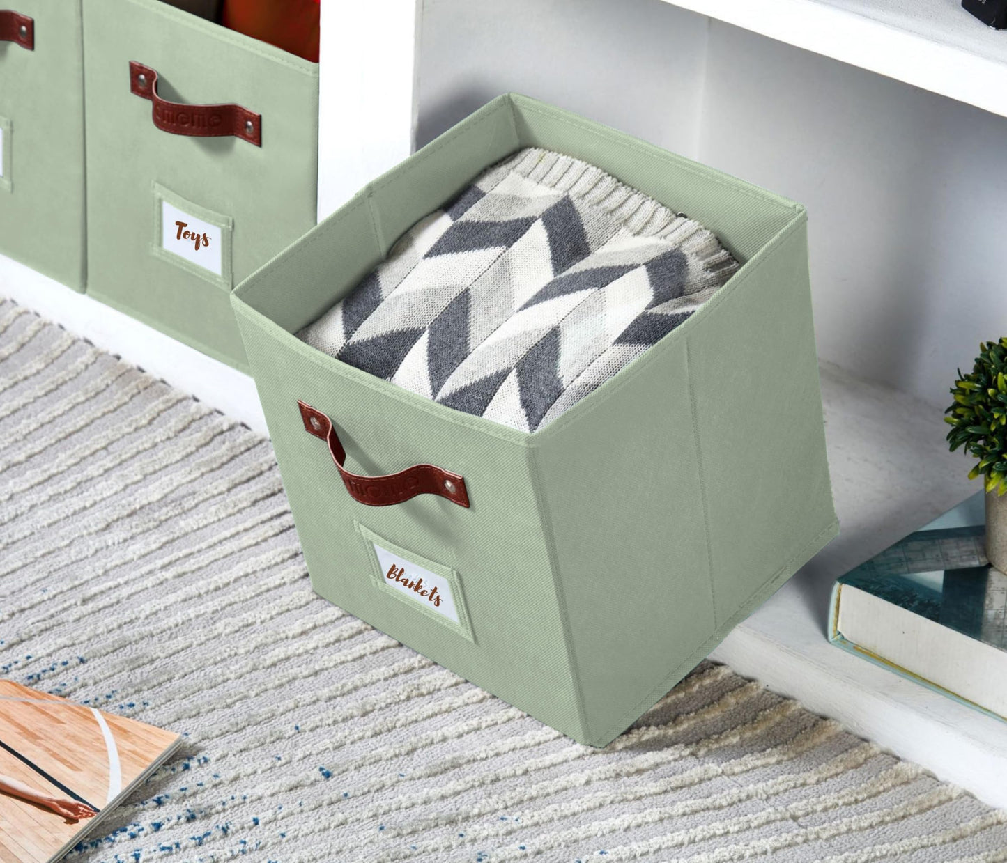 DECOMOMO Storage Bins, Cube Storage Bin with Labels, Fabric Storage Cubes for Shelves (10.5" x 11" / 6pcs, Sage Green)