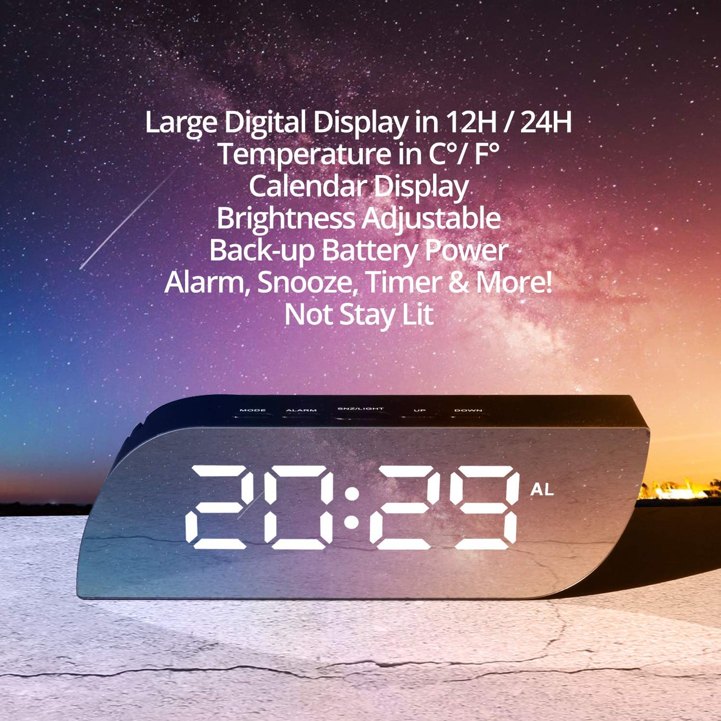 Betus Aesthetic Digital Alarm Clock Mirror Surface - Dimmer Night Mode, Large LED Digits Display, Easy Snooze - USB & Battery Operated - Bedroom, Office, Travel Portable (Black)
