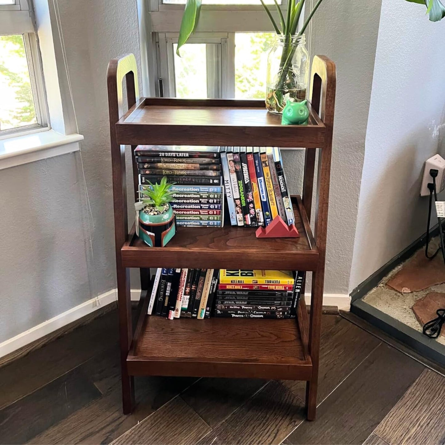Grewood 100% Solid Wood 3-Tiers Ladder Shelf, Small Bookcase, Ladder Bookshelf, End/Side Table for Living Room, Display Storage Open Shelf for Bedroom Kitchen Bathroom (Walnut Color)