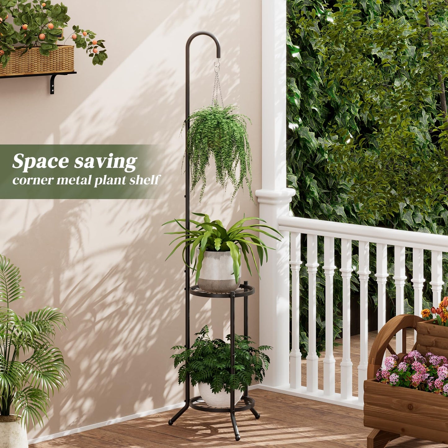 PULIJIAJU 2-Tier Metal Plant Stand with Hanging Hook, Space-Saving Iron Plant Shelf, Heavy Duty Corner Plant Stand ,Planter Holder for Bedroom Balcony Living Room Patio Garden(Hook Style)