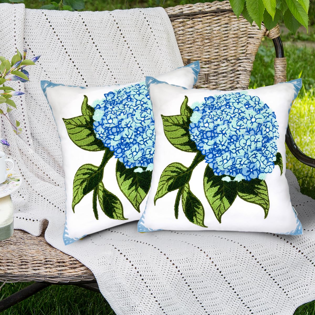 Alysheer Spring Hydrangea Embroidered Decorative Throw Pillow Covers 18"x 18" Set of 2, Summer Blue Green Floral Tufted Patterned Cotton Cushion Cases for Couch Bed Living Room Decor