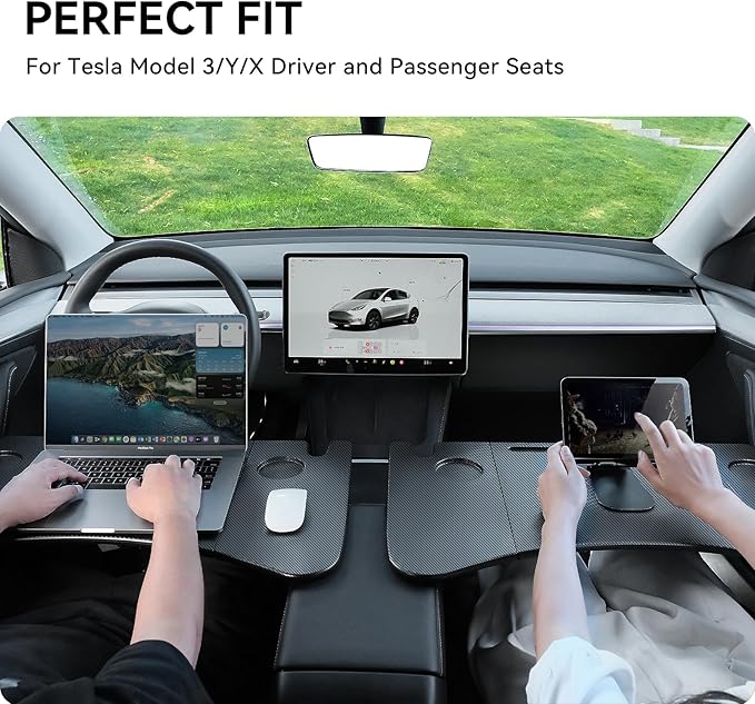 YONZEE Foldable Desk Food Tray (Carbon Edition) for Tesla Model Y Model 3 S X Y Juniper- Upgraded Table with Support Leg for Dining, in-Car Work, Travel and Outdoor (1 Pack)