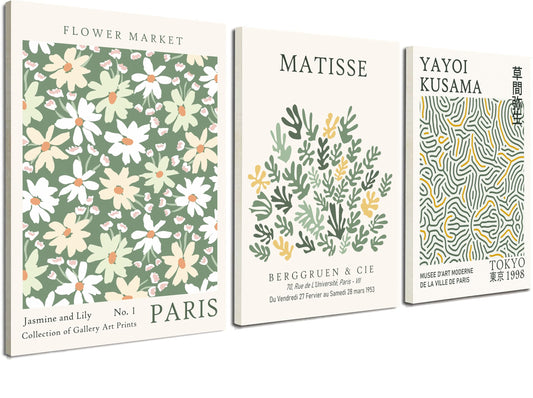 Induslyfe Framed Green Wall Art Canvas Decor Set of 3, Matisse Wall Art Framed Prints Posters Mid Century Modern Art, Aesthetic Floral Botanical wall art for bedroom, living room bathroom 12x16