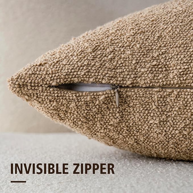 Foindtower Decorative Boucle Throw Pillow Covers Accent Solid Pillow Cases Cozy Soft Textured Couch Cushion Case for Chair Sofa Bedroom Living Room Home Decor 22 x 22 Inch,Taupe Khaki Camel