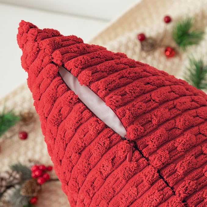 Kevin Textile Christmas Red Throw Pillow Covers Soft Corduroy Decorative Set of 2 Boho Striped Pillow Covers Pillowcases Farmhouse Home Decor for Couch Bed Sofa Living Room 26x26 Inch