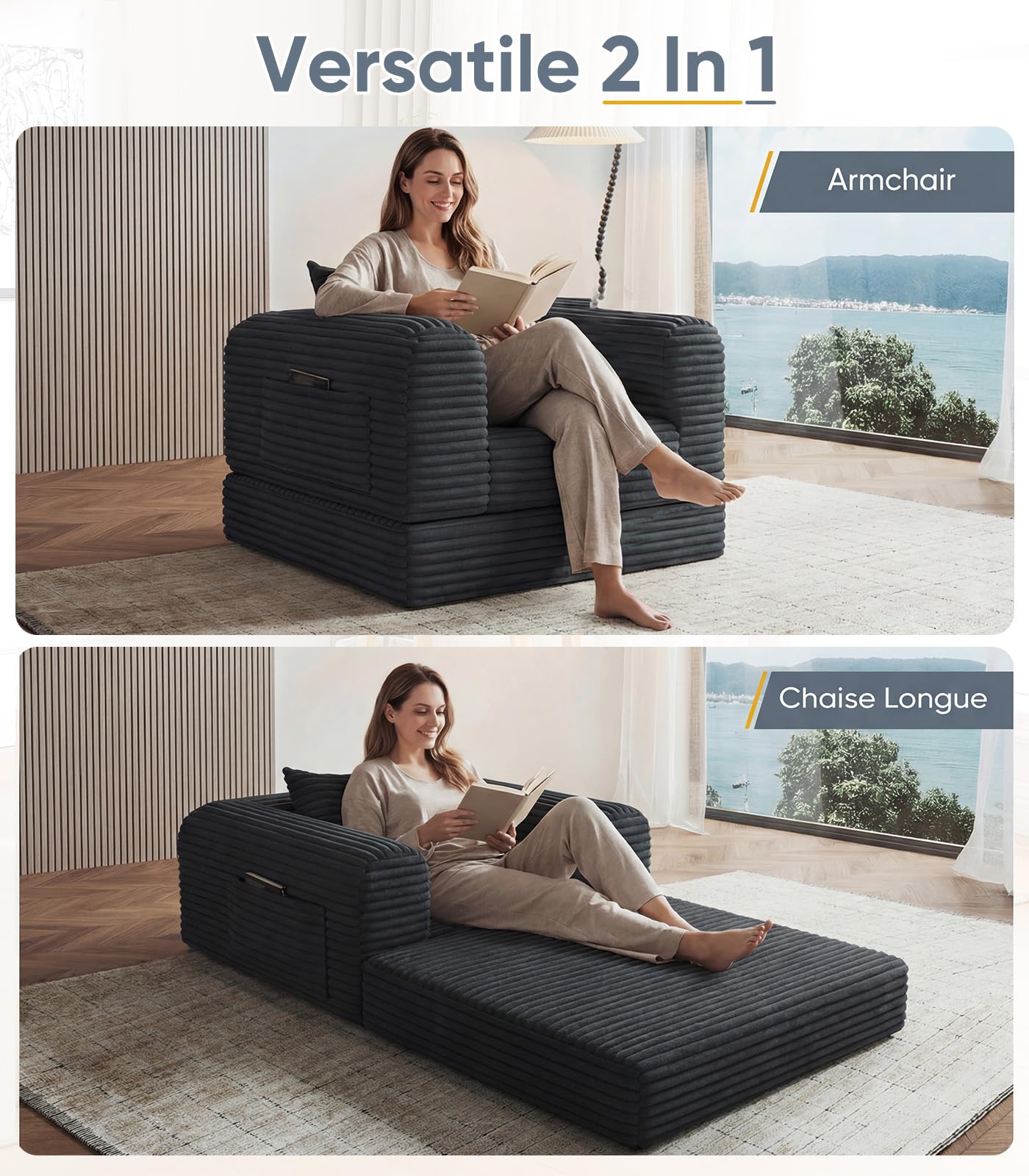 Versatile 2 in 1 Boneless Armchair Chaise Lounge Chair Indoor, Convertible Sleeper Chairs Couch Folding Sofa Bed Oversized Comfy Futon Floor Sofa BeanBag for Reading Nook Living Room Bedroom