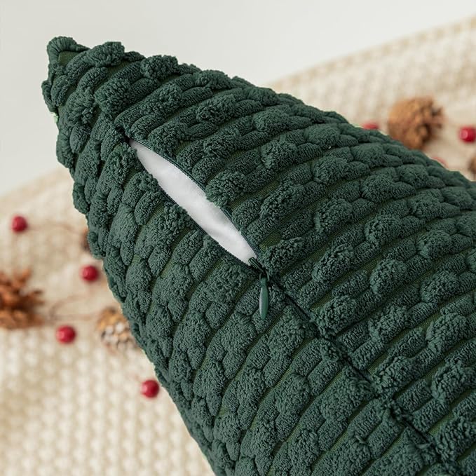 Kevin Textile Decorative Pillow Covers Set of 2 Striped Plush Corduroy Pillows Pillowcases Boho Home Decor Cushion Covers for Couch Sofa Bed Living Room 24x24 Inch, Army Green