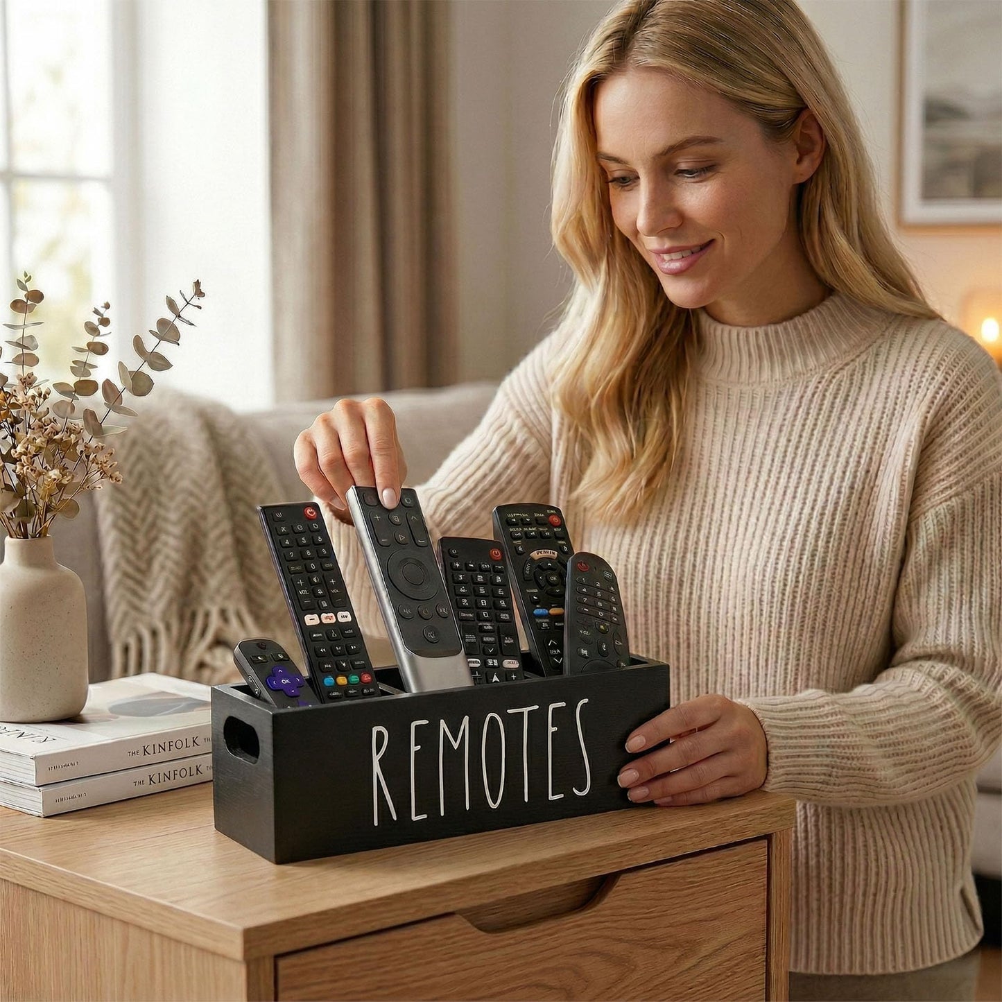 CHONIC Remote Control Holder, Farmhouse Remote Storage Caddy, Bedside TV Controller Box, Rustic Wood Media Organizer Tray for Home Bedroom Table (Black)