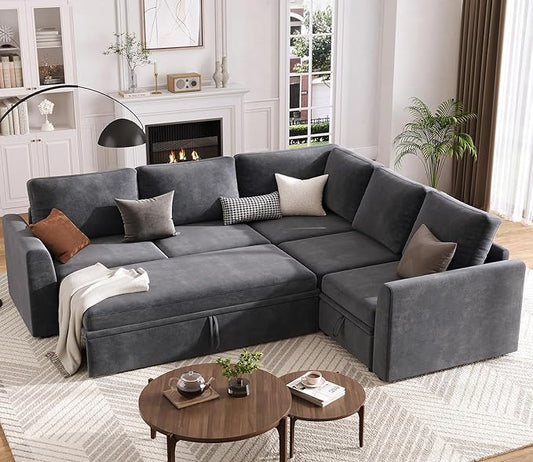 GarveeHome Sectional Sleeper Sofa with Pull Out Bed, Chenille Modular Sectional Sofa U Shaped Couch with Pull Out Couch and Storage Seat & Ottoman, Convertible Couches for Living Room