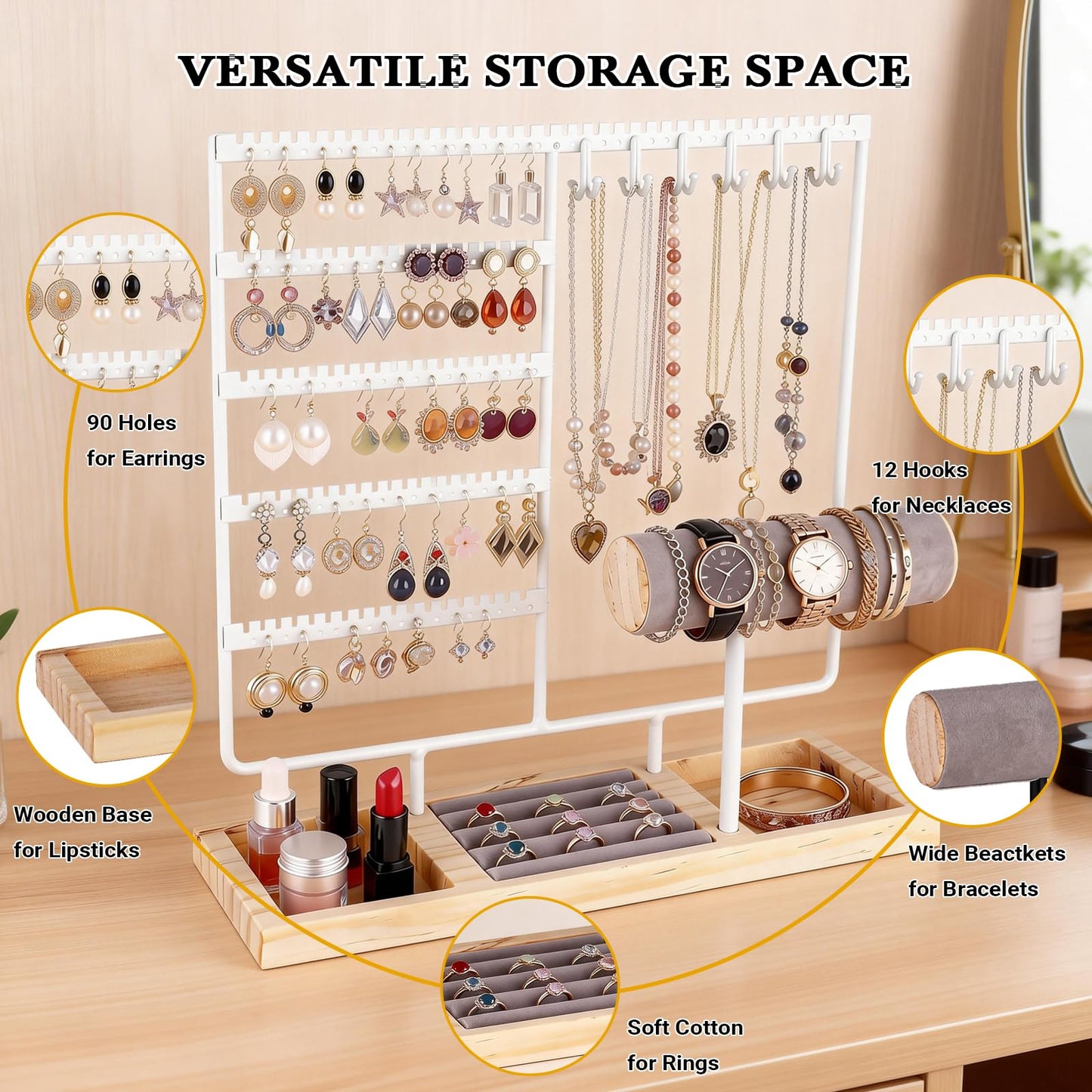 Ciormis Jewelry Stand Holder, 5 Tier Earring Holder Organizer with 72 Holes and 12 Hooks Jewelry Tower Necklace Tree Stand Hanger Bracelets Holder Storage with Ring Tray for Women Girls Gift (White)