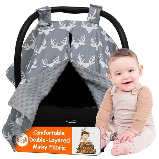 Dear Baby Gear - 40x30 Car Seat Canopy, Infant Carrier Cover for Boys & Girls, Cozy Fall, Nursing & Stroller Use, Newborn Travel Sunshade Accessory, Antlers on Gray, Gray Dot