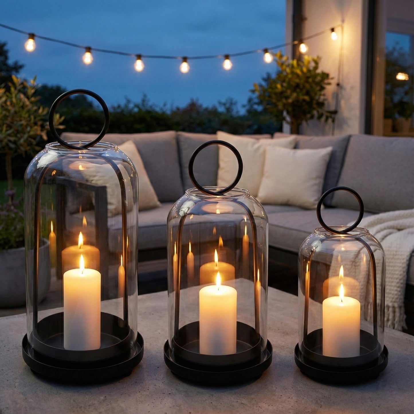 3 Pack Metal Candle Holders with Glass Dome, 5.5" & 4.7" & 3.9" Wide Black Candlestick Holders Set, Versatile Hurricane Lanterns Candleholders for Pillar Candle, Decorative Glass Display Dome Stands