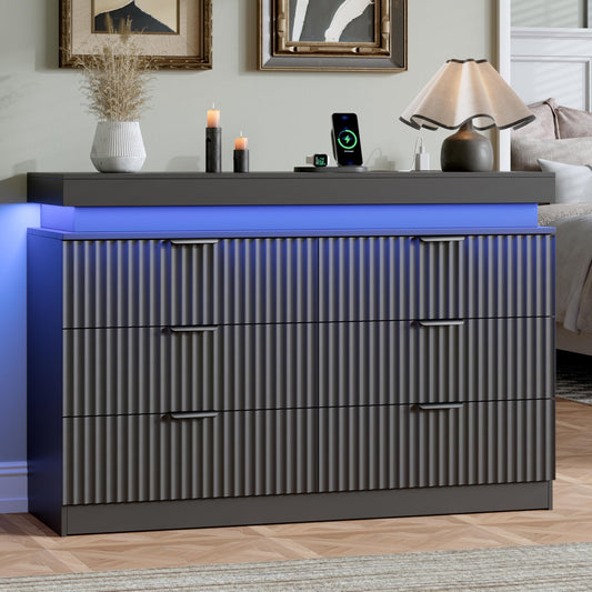 BOXACTION Dresser for Bedroom with RGB LED Lights and Charging Station, 6 Drawers Wooden Chest of Drawers, 47.2" Wide Fluted TV Stand, Closet Clothes Storage Organizer for Living Room, Hallway, Black