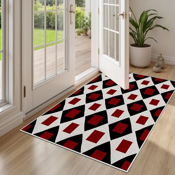 Plaid Rug 5x6, Vintage Geometric Soft Ultra Soft Faux Wool Low Pile Rug, Indoor Floor Mats Carpet, Non-Slip Stain Resistant Washable Rugs, Modern Red Rugs for Living Room Home Office Decor