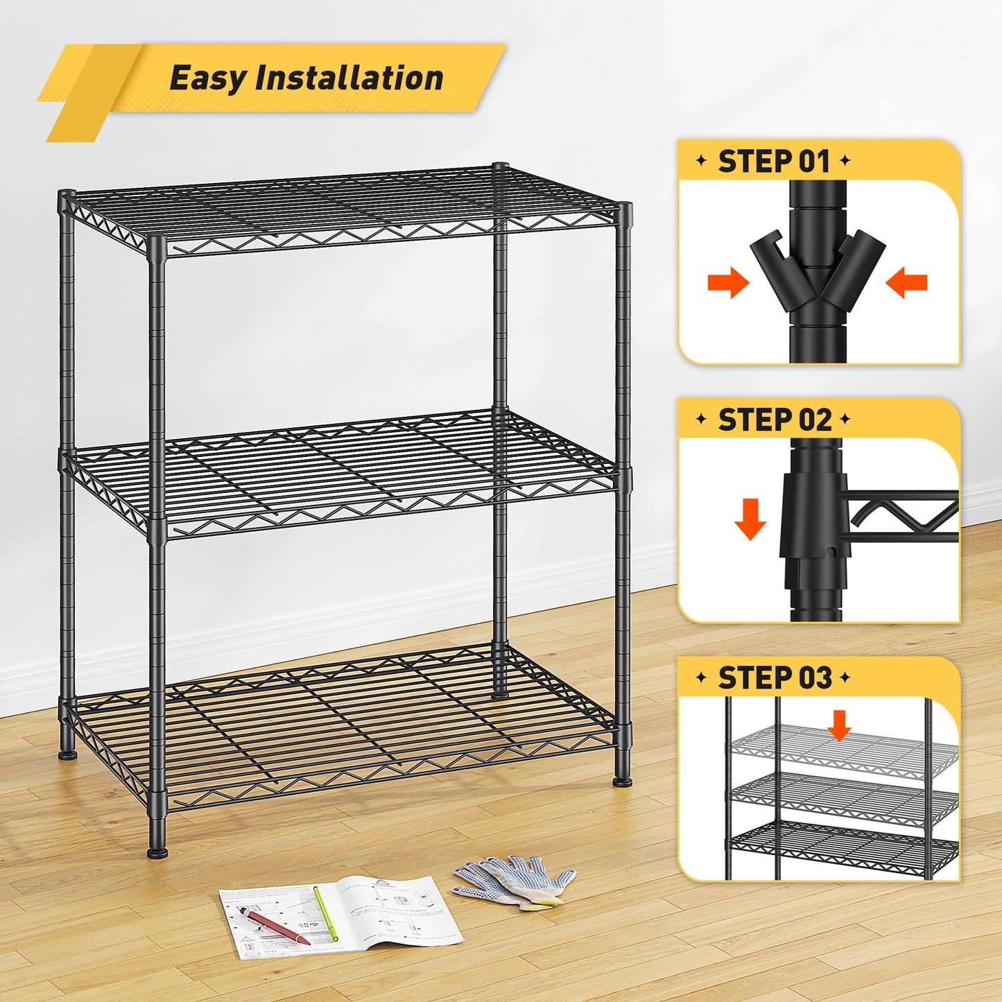 3 Tier Storage Shelves Metal Shelving Unit,Adjustable Wire Rack Pantry Kitchen Shelves,Small Shelf Wire Shelving for Laundry Office Bedroom Dorm Bathroom Closet 24" W x 30" H x 14" D Black Shelves