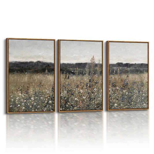 InSimSea Oversized Vintage Landscape Art for Living Room Bedroom,3Pcs, Extra Large French Country Paintings Wall Decor for Home, Rustic Farmhouse Meadow Framed Canvas Prints Picture,16x24in