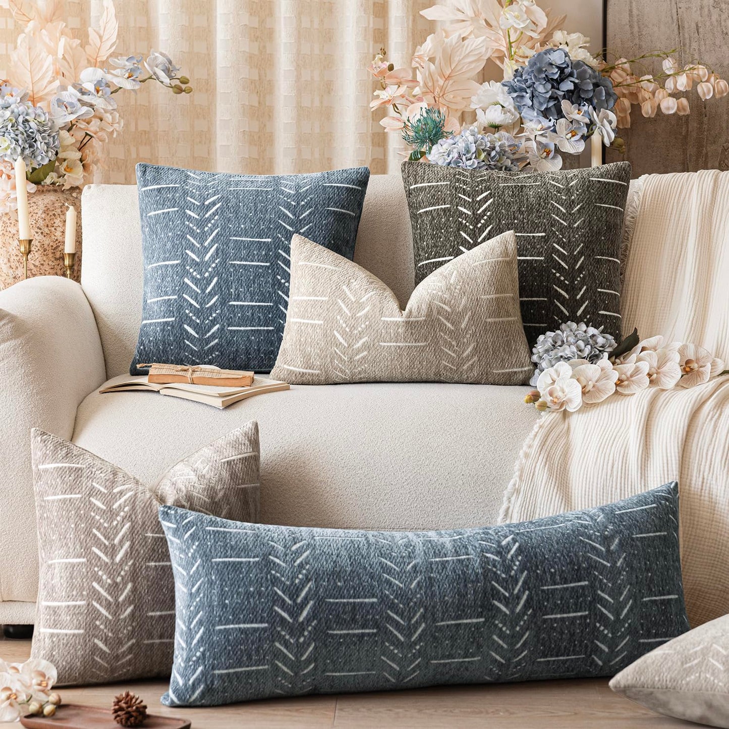 Vivrudil Home Décor Decorative Boho Accent Chenille Throw Pillow Covers Textured Neutral Cushion Covers Soft Farmhouse Pillowcase for Couch Sofa Chair Bed Living Room, 18×18 Inch, Set of 2, Dusty Blue