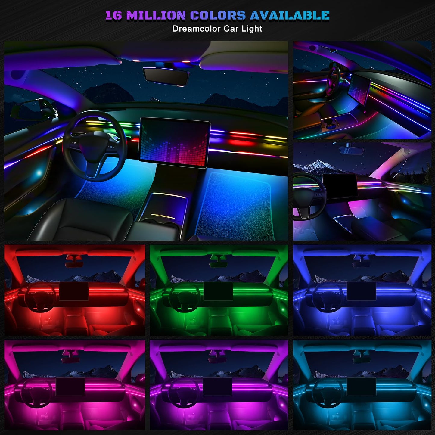 Dreamcolor Acrylic Interior Car LED Strip Light with Wireless APP, Dual Zone RGB 18 in 1 with 175 inches 593 LEDs Fiber Optic Neon Strip Lights for Car, Music Sync Neon Car Ambient Lighting Kits
