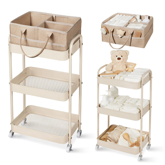 Fortella Baby Diaper Caddy, 3 Tier Rolling Storage Cart for Baby Essentials, Diaper Cart with Detachable Dividers, Storage & Baby Bottle Organizer, Nursery Dresser for Bedroom, Living Room (Taupe)