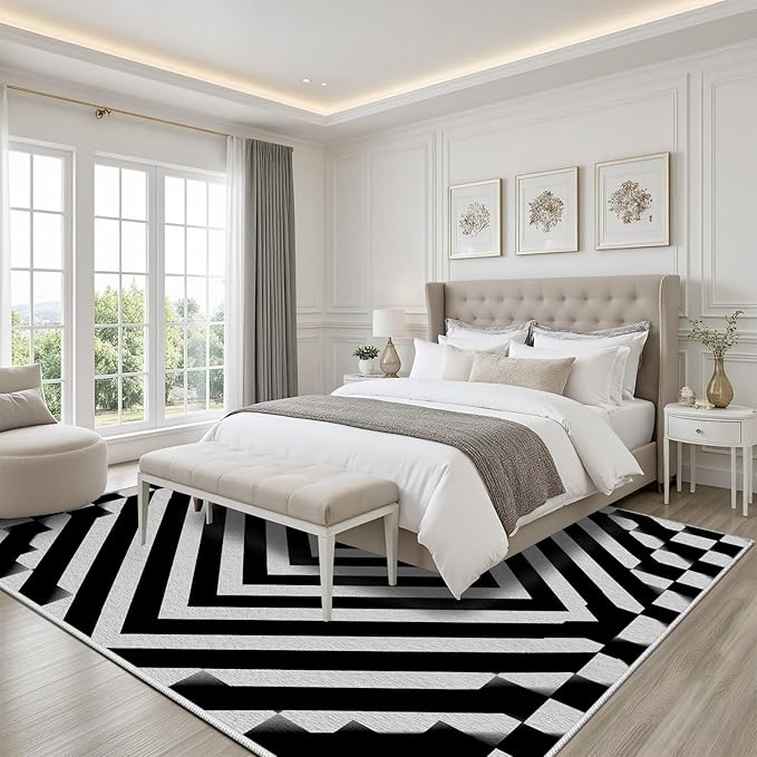 Black and White Rug 6x8, Checkered Soft Thin Indoor Floor Mats Carpet, Non-Slip Stain Resistant Washable Rugs, Modern Rhombus Geometric Rugs for Living Room, Farmhouse Rug