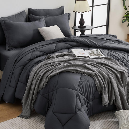 HEVUMYI 7 Pieces Queen Comforter Set, All Season Reversible Bed in a Bag, Ultra Soft Queen Bedding Set with Grey Comforter, Flat Sheet, Fitted Sheet, Pillowcases, Pillow Shams, Dark Grey