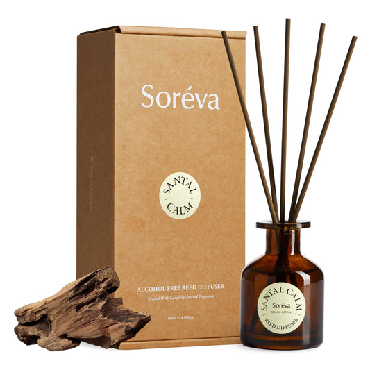 Soréva Luxury Reed Diffuser Set, Calm Sandalwood Cedar Musk, Plant-Based Essential Oils, 120 Days Mindful Aromatherapy Home Fragrance, Bedroom & Office, Gift Set, 7 Sticks, 4.39 fl oz