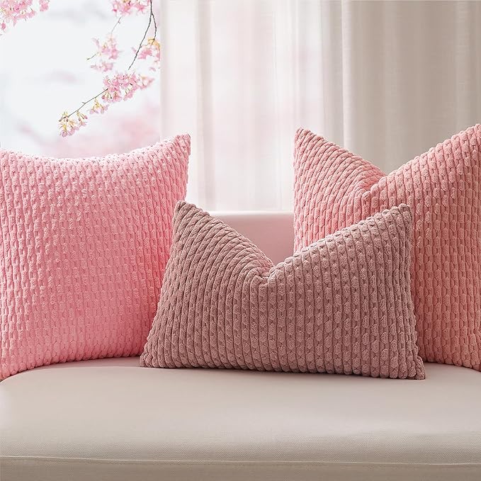 Kevin Textile Valentines Day Decorative Pillow Covers Set of 2 Striped Plush Corduroy Pillows Pillowcases Boho Home Decor Cushion Covers for Couch Sofa Bed Living Room 20x20 Inch, Pink