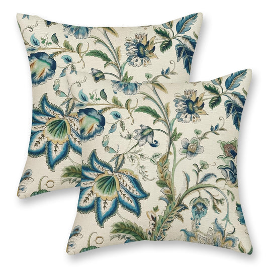 DAFENA Sage Green Blue Pillow Covers 18x18 Inch 2 Pcs Spring Chinoiserie Floral Decor Throw Pillows Boho Vintage Flower Seasonal Outdoor Decoration Pillowcase Linen Cushion Cover for Couch Sofa Bed