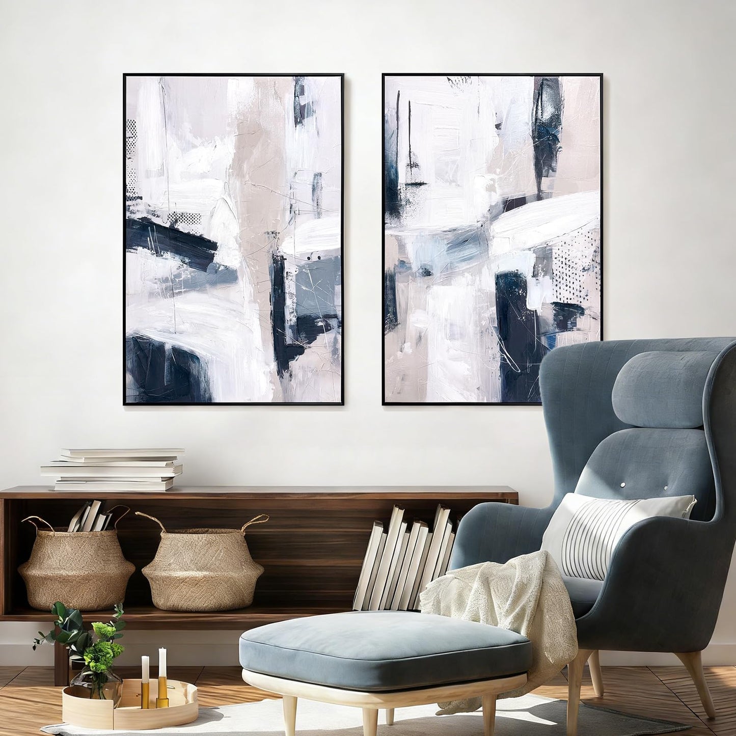 SAFERRYHOME Large Abstract Textured Framed Canvas Wall Art, Minimalist Wall Decor Neutral Painting, Modern Blue White Artwork Print for Home, Office, Living Room, 24"x36"x2