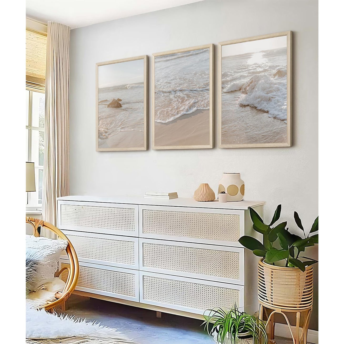 Beach Wall Art Decor Coastal Wall Art Pictures Ocean Canvas Wall Art Beige Beachy Wall Decor Boho Beach Prints Ocean Painting Coastal Artwork for Bedroom Living Room 12x16 Inch Wood Framed Set of 3