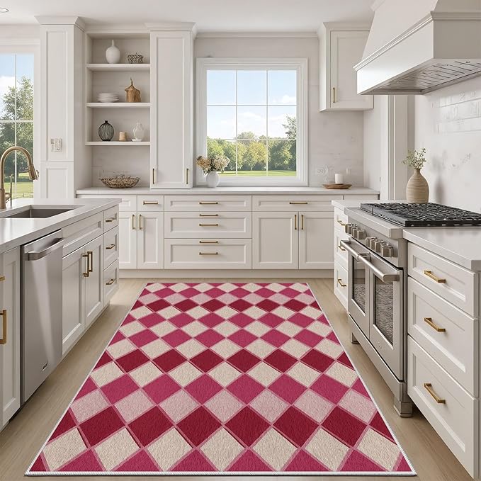 Plaid Rug, Soft Ultra Soft Faux Wool Rhombus Geometric Rugs, Indoor Floor Mats Carpet, Non Slip&Non-Shedding Low Pile Washable Rugs, Modern Red 5x6 Area Rug for Bedroom Home Decor