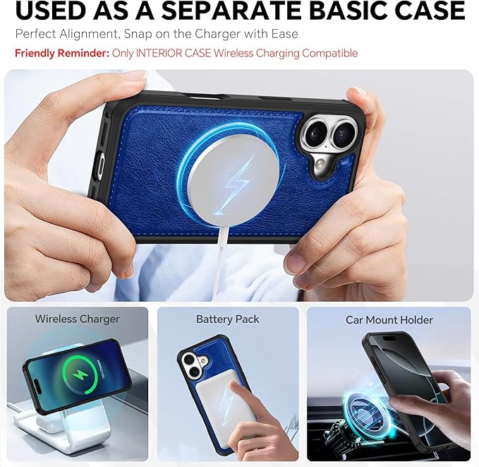 TUCCH 2-in-1 Detachable Wallet Case for iPhone 17 (6.3-inch) 2025, RFID Blocking 4 Card Slot | Wireless Charging | Wrist Strap | Kickstand | Magnetic | PU Leather | Protective Flip Cover | Klein Blue