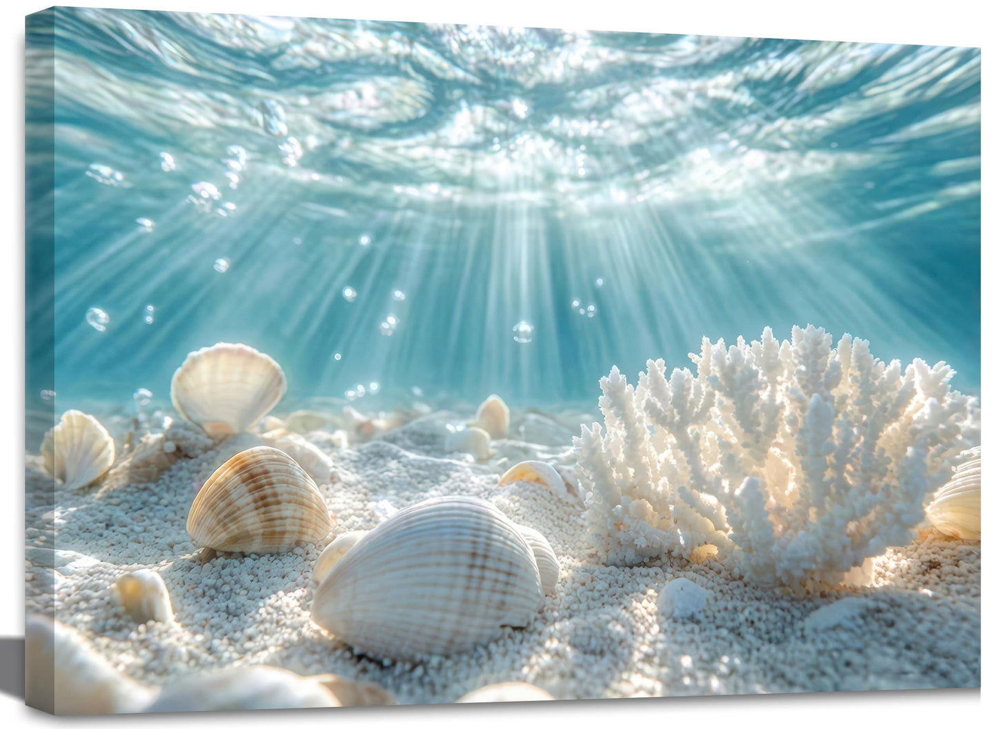 libitea Framed Coastal Canvas Wall Art - Coastal Ocean Relaxation Wall Decor Underwater Sunbeam Seashell Poster Printing Artwork for Bathroom Bedroom Living Room