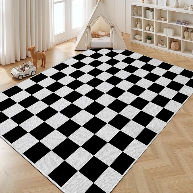 Black and White Checkered Rug for Living Room, 3x4 Area Rugs, Checkered Area Rug, Geometric Plaid Rugs, Geometrical Washable Non Slip Retro Carpet Home Floor Decor