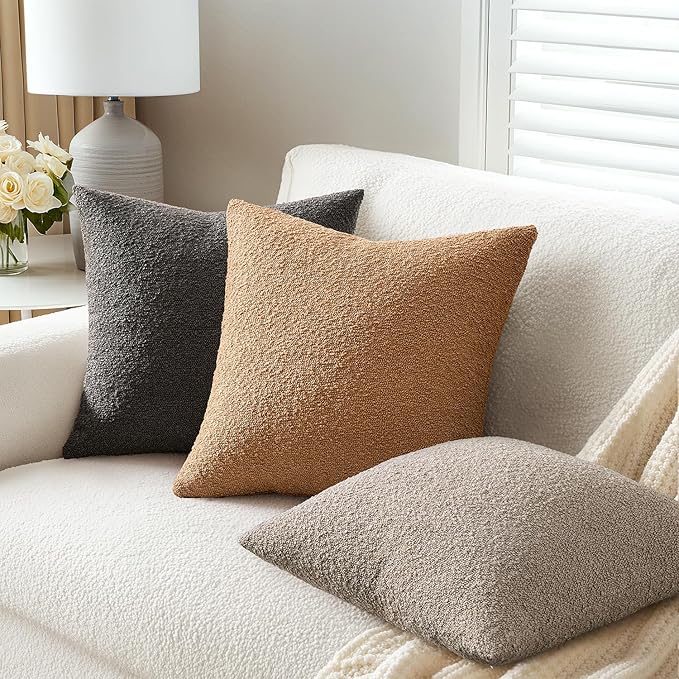 ANRODUO Pack of 2 Textured Boucle Throw Pillow Covers Soft Grey Decorative Accent Solid Pillow Cases Cozy Modern Couch Cushion Case for Chair Sofa Bedroom Living Room Home Decor, 20 x 20 Inch