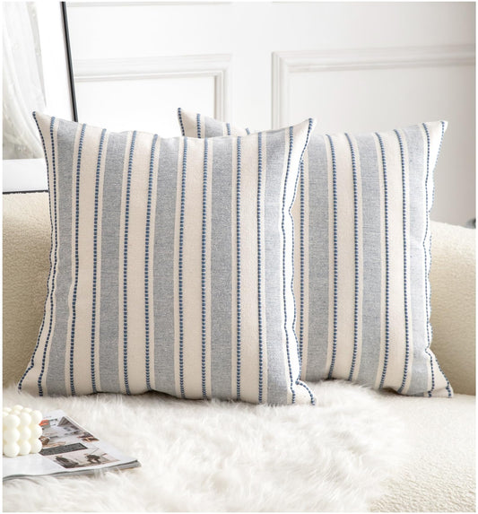 Cethom Decorative Boho Throw Pillow Covers, Farmhouse Textured Pillow Case, 18 x 18 Inch Set of 2, Chair Sofa Bedroom Living Room Home Decor Couch Cushion Case, Classic Blue and Beige Striped