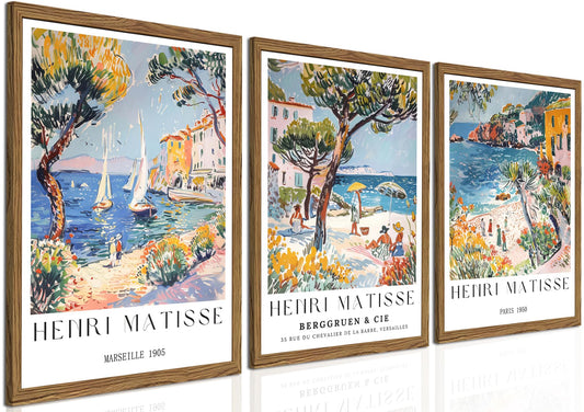 Henri Matisse Beach Landscape Wall Art Vintage Amalfi Coast Italy Wall Decor Paintings, Retro Italian Coastal Poster Canvas Prints Aesthetic for Bedroom Living Room 12x16 inch Wood Framed