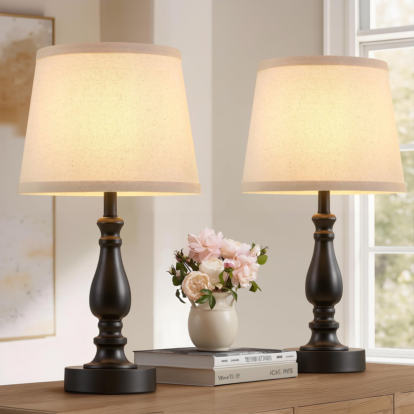 Lamp for Bedroom Set of 2 - 19" Small Bedside Table Lamps with Rotary Swithch - Modern Lamps for Living Room Night stands - Desk Lamps for Home Office End Tables with Fabric Linen shade for Reading