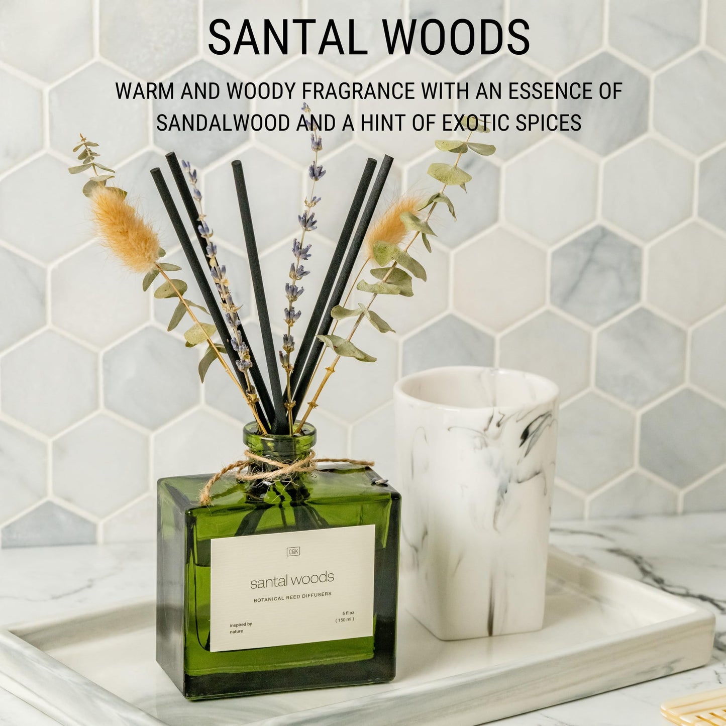 Craft & Kin Premium Santal Woods Reed Diffuser with Dried Flowers – 5 oz Essential Oil Diffuser for Home & Bathroom – Long-Lasting Fragrance Diffuser Sticks – Room Decor Air Freshener