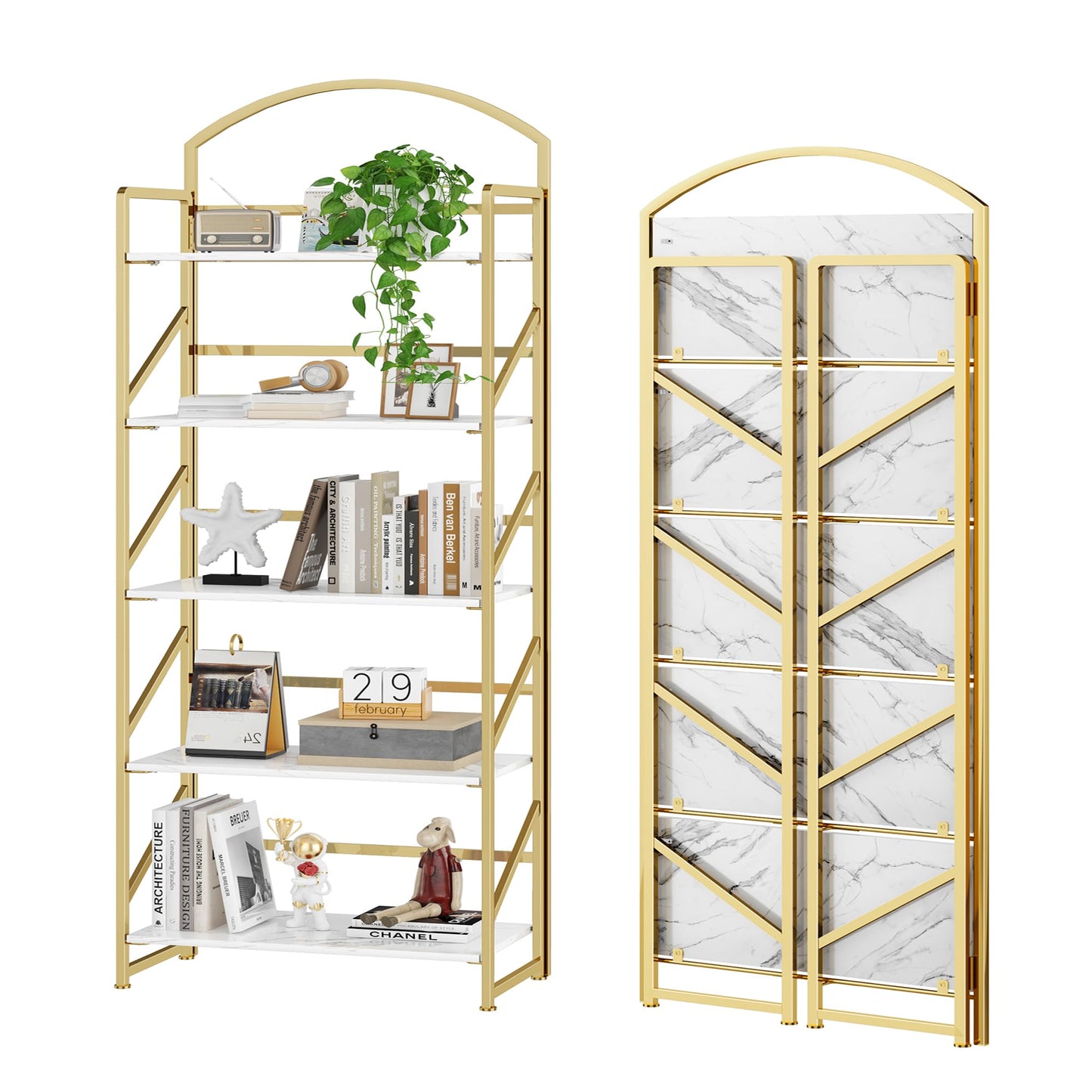BHG Arched Bookshelf 5 Tier Shelf Storage Organizer Bookcase,No Assembly Folding Book Shelf for Living Room,Bedroom Home Office Rack Bookhelves