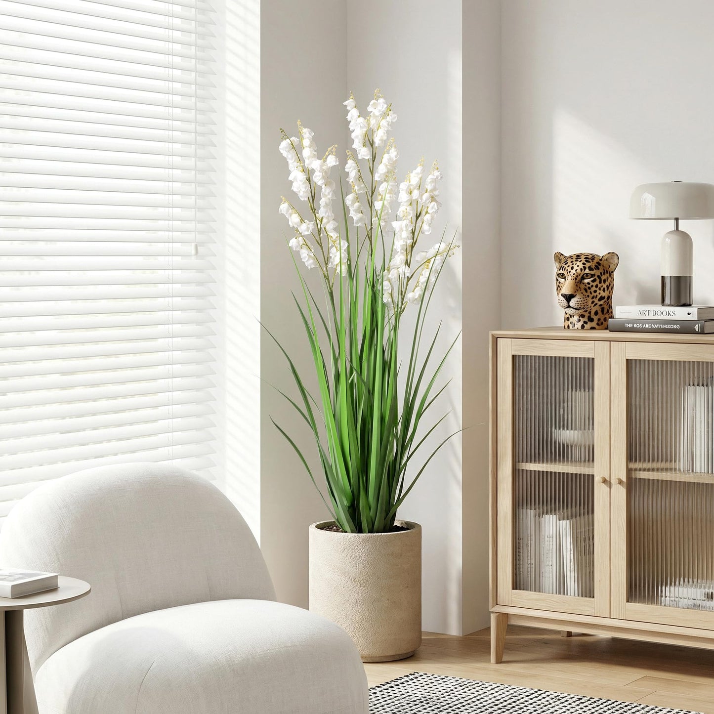 Ttranewsoo Artificial Tall Grass Plants with Pots 36" 1 Pack Lily of The Valley Artificial Grass Home Interior Decorating and Outdoor Garden Decorations(White)