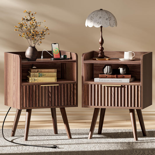 Huuger Nightstand with Charging Station, USB-C Port, Fluted Night Stand Set of 2, Bed Side Table with Drawer, Solid Wood Feet, Open Storage, End Table with Raised Edge, for Bedroom, Walnut