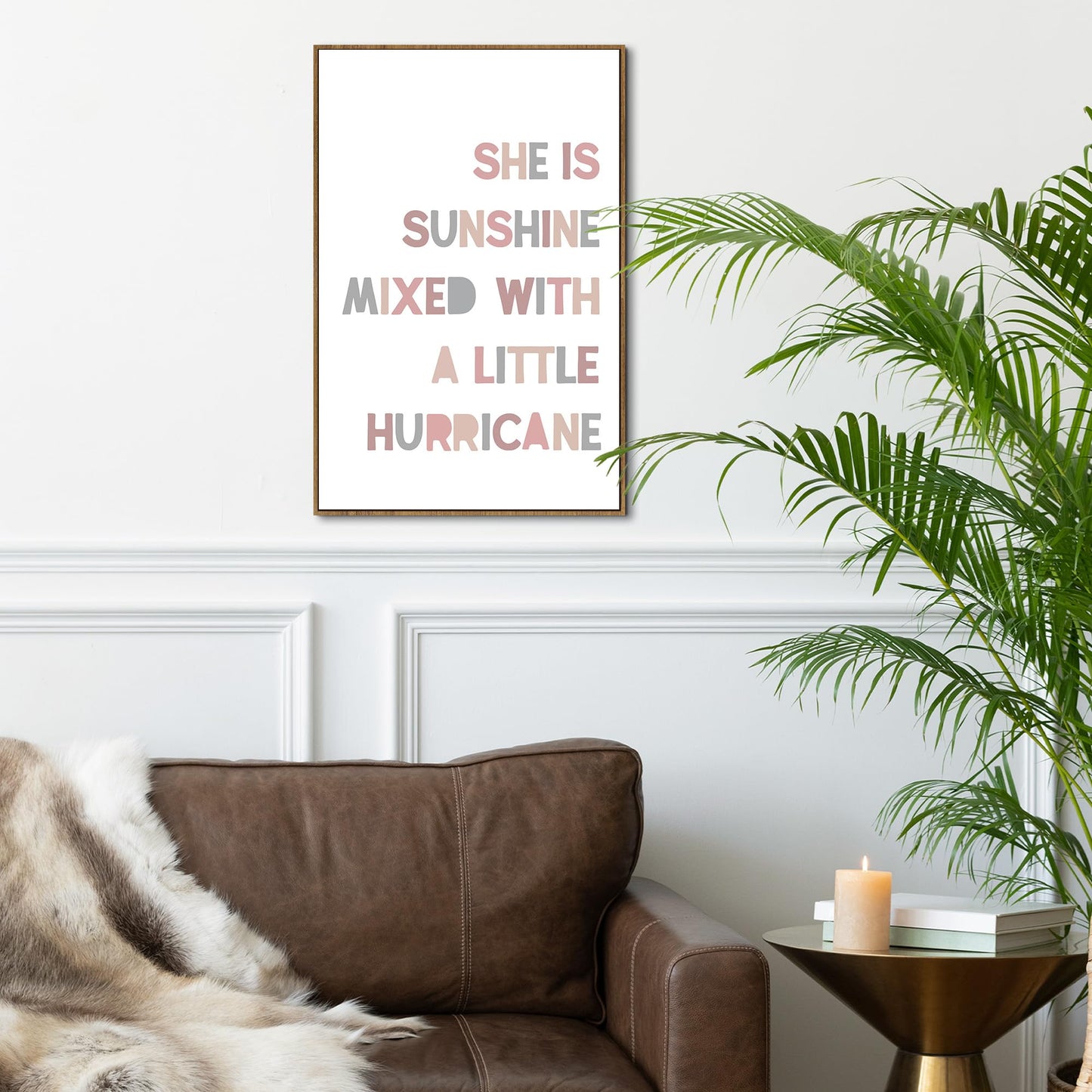 PHAMTE Girls Bedroom Wall Art Framed,She is Sunshine Mixed with a Little Hurricane Girly Room Wall Art Decor, Sunshine Boho Print Framed Canvas Painting Dorm Bedroom Nursery Playroom Decor 16x24in