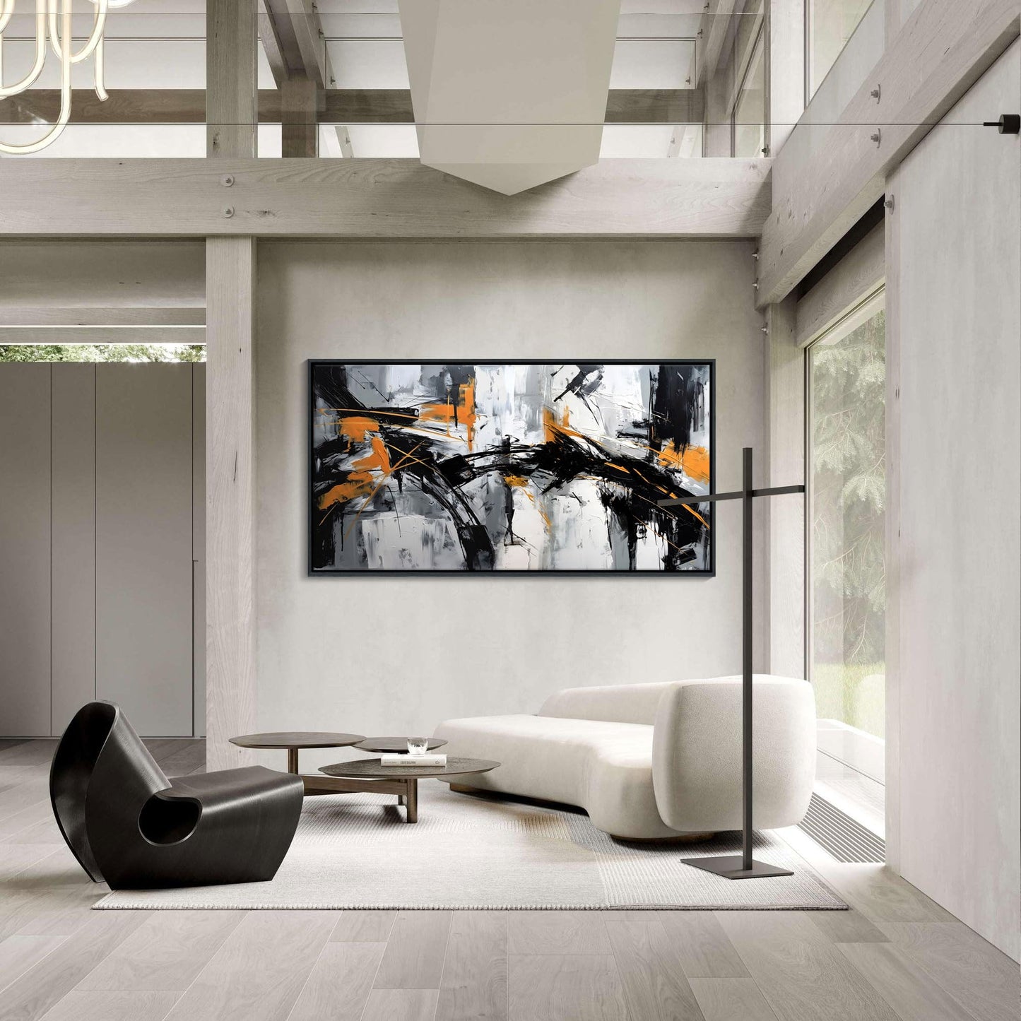 Framed Large Abstract Canvas Wall Art Modern Wall Art for Living Room - Canvas Wall Decor for Office and Home - Framed Artwork for Walls Black, White, Gray and Unique Orange Accents 29×58in